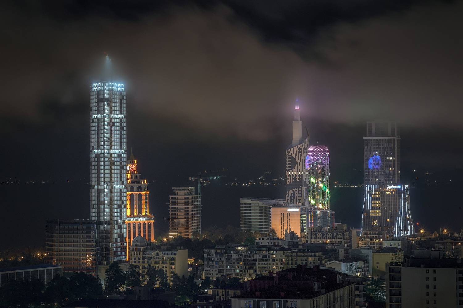 night, batumi, lights, clouds, buildings, illumination, weather, landscape, cityscape, scenery, travel, outdoors, caucasus, georgia, adjara, sakartvelo, chizh, Чиж Андрей