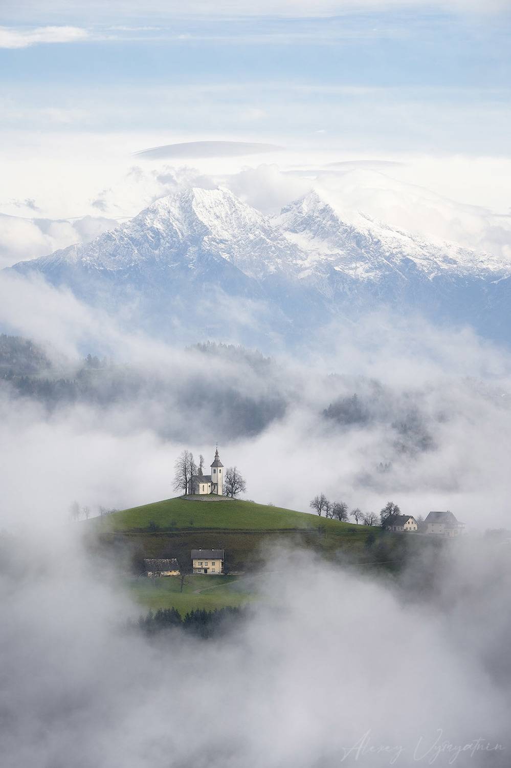 slovenia, outdoor, autumn, fog, white, mountains, trees, travel, topview, Алексей Вымятнин