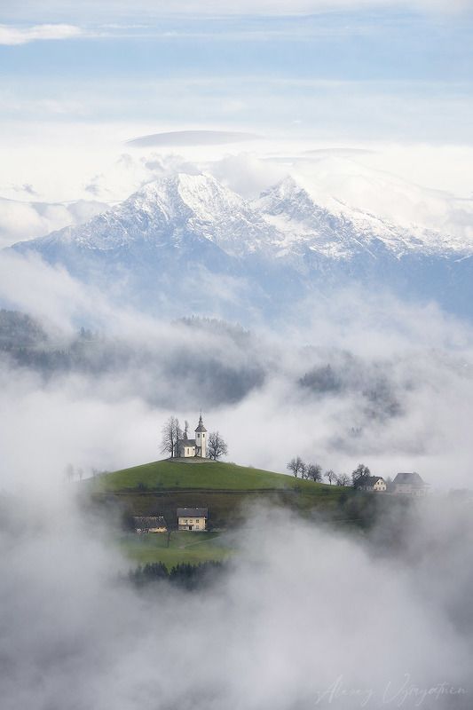 slovenia, outdoor, autumn, fog, white, mountains, trees, travel, topview *** фото превью