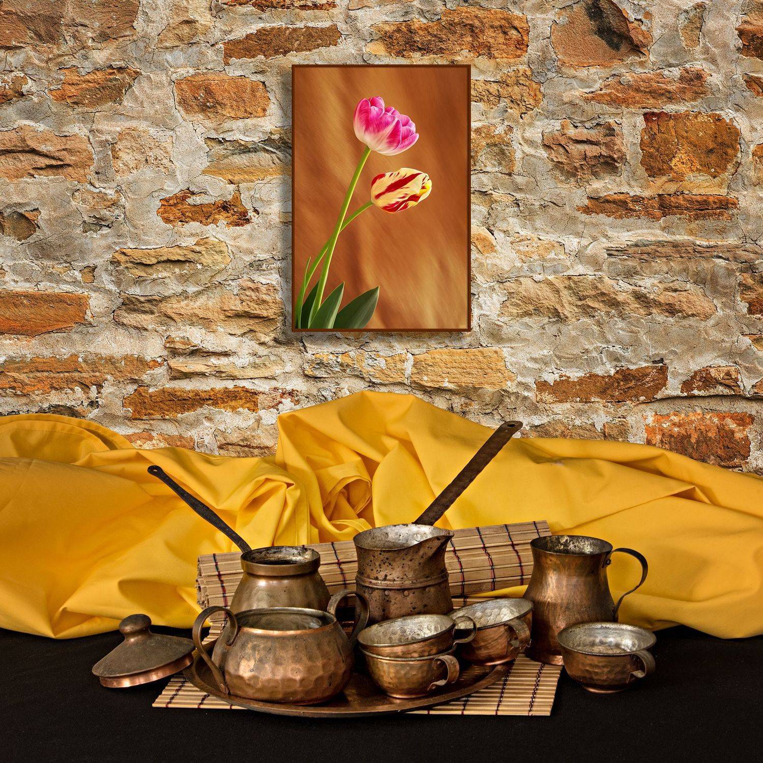 black, coffee, coffee pot, composition, concept, conceptual, cup, photography, still life, stone, time, tulip, tulips, wall, yellow,, Dr Didi Baev