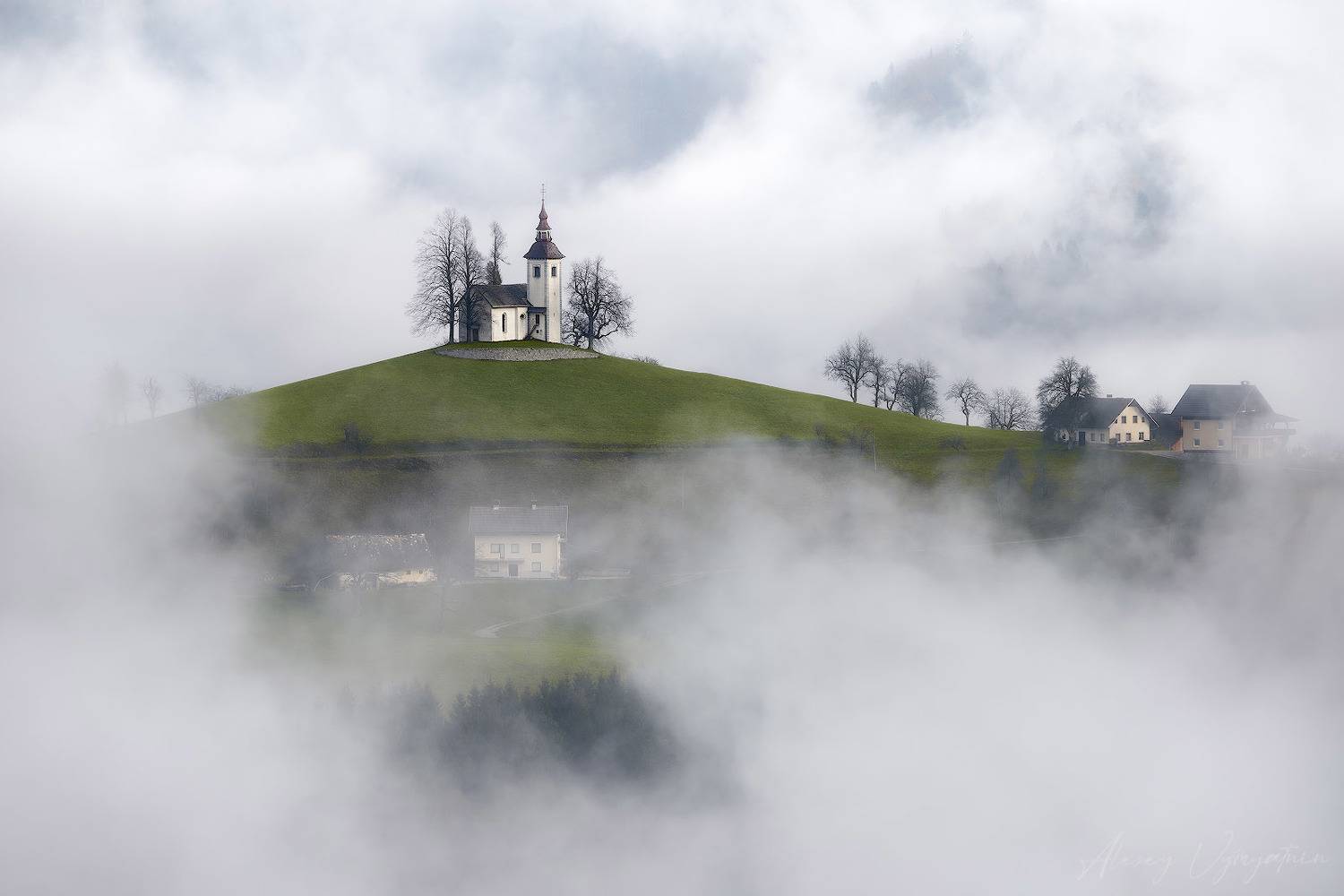 slovenia, outdoor, autumn, fog, white, mountains, trees, travel, topview, Алексей Вымятнин