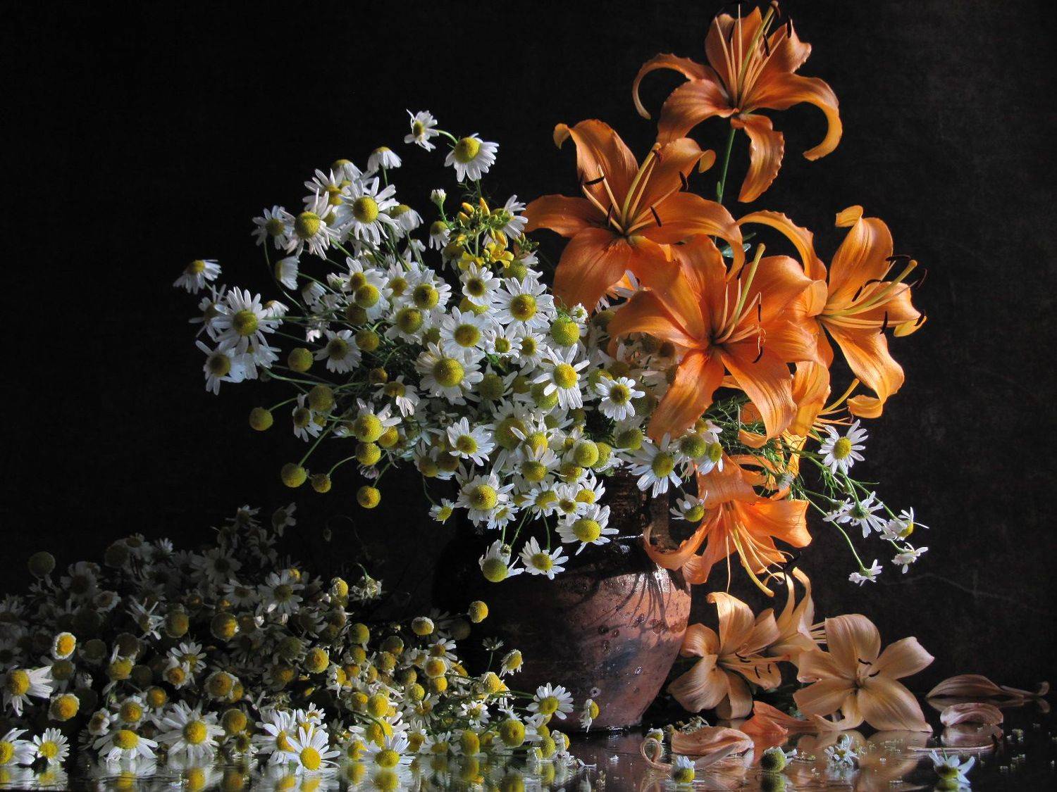 цветы, букет, лилии, ромашки, крынка, Наталия Тихомирова