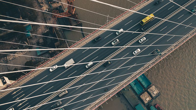 river, ship, car, bridge, big, huge, high, tall, bird\\\'s, view, aerial, industrial, crane, port Xupu Bridge. Shanghai, China фото превью