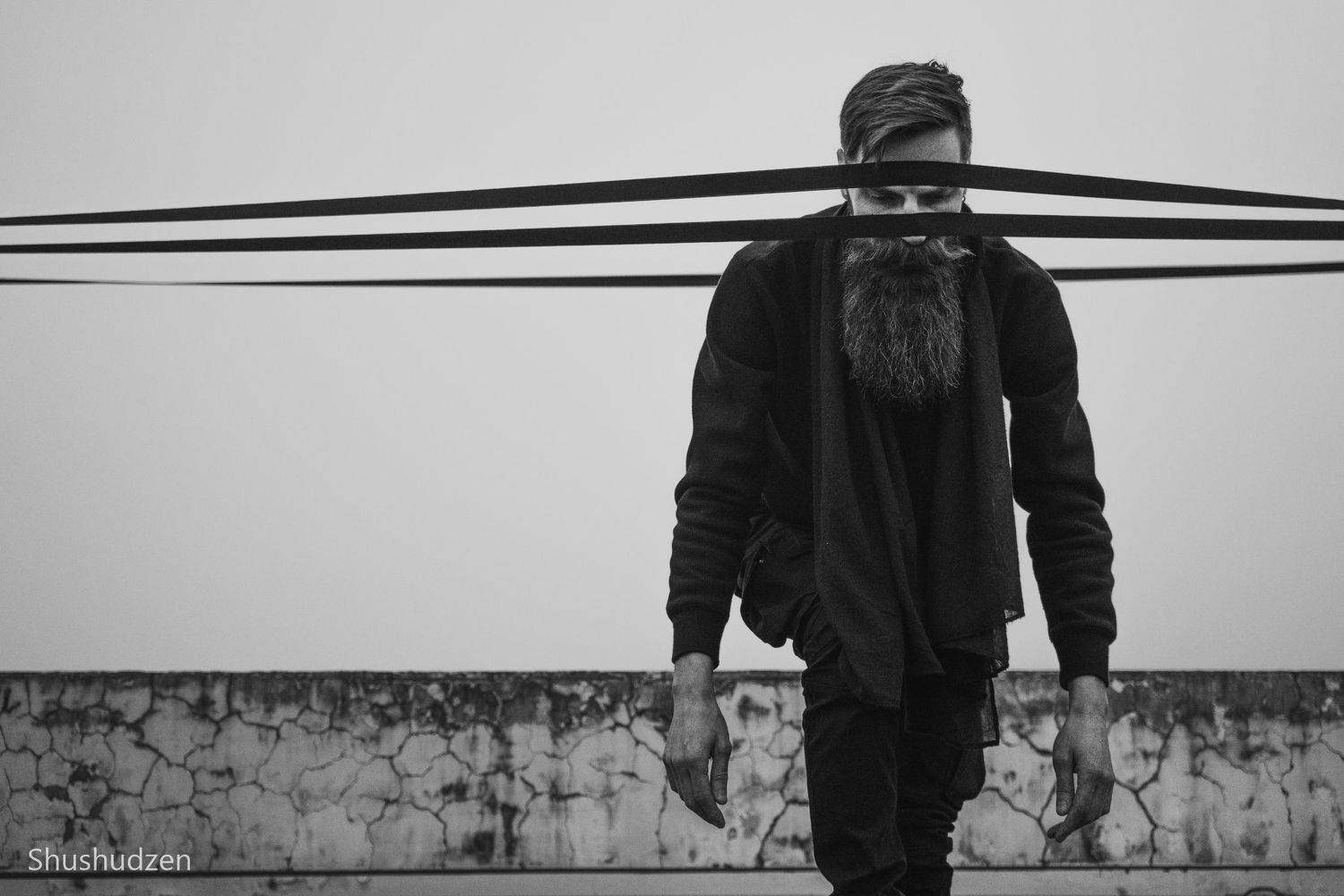 male portrait, black and white, art, contemporary, dance, improvisation, black string, Druz Denys