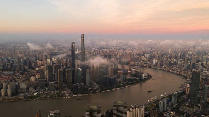 city, metropolis, skyscrapers, tallest, building, world tallest, oriental tower, shanghai tower, pearl tower, tv tower, tall, many buildings, river, ships, sunrise Shanghai in Sunrise фото превью