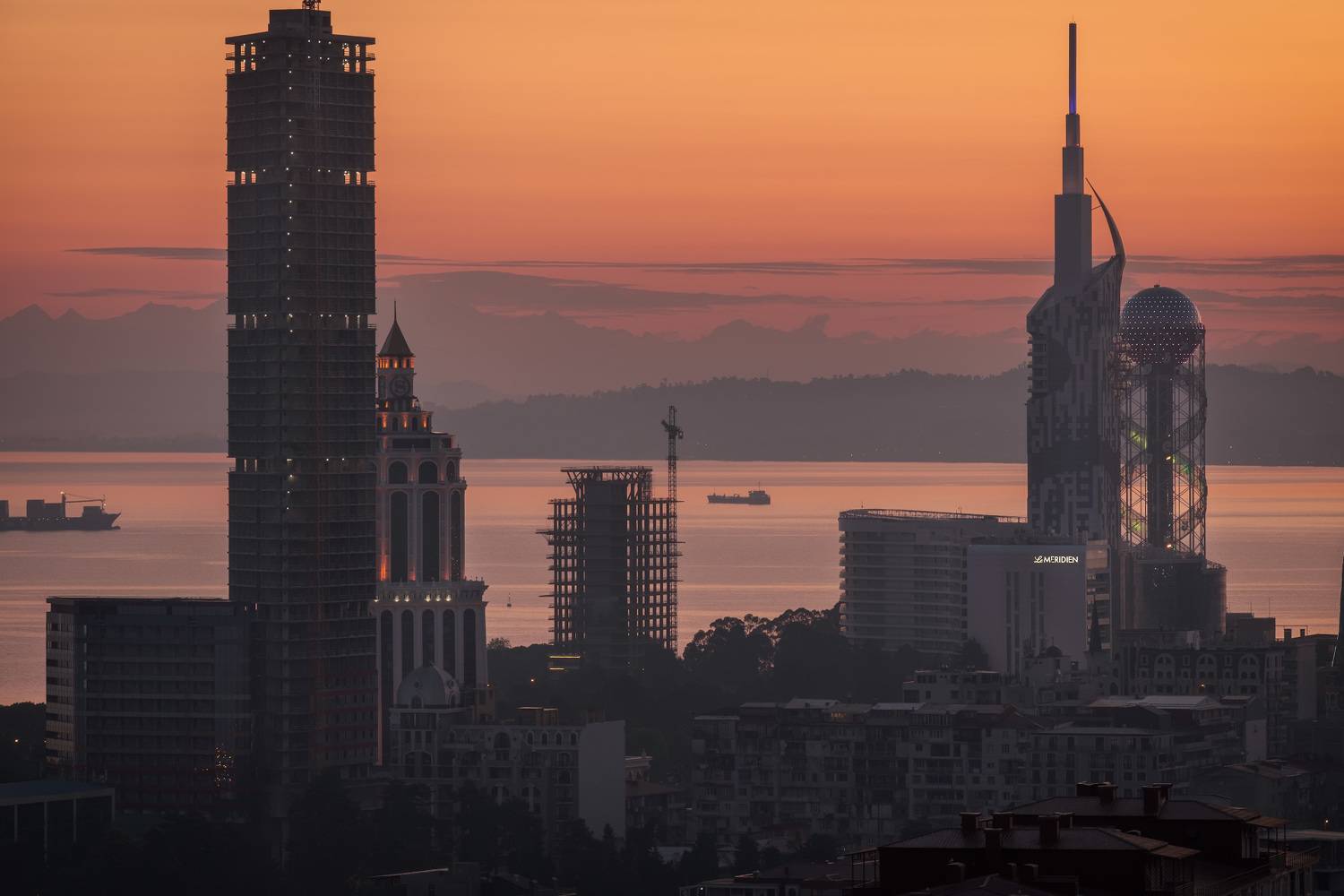 dawn, batumi, lights, sunrise, color, buildings, skyscraper, mountains, sea, ships, illumination, weather, landscape, cityscape, scenery, travel, outdoors, caucasus, georgia, adjara, sakartvelo, chizh, Чиж Андрей