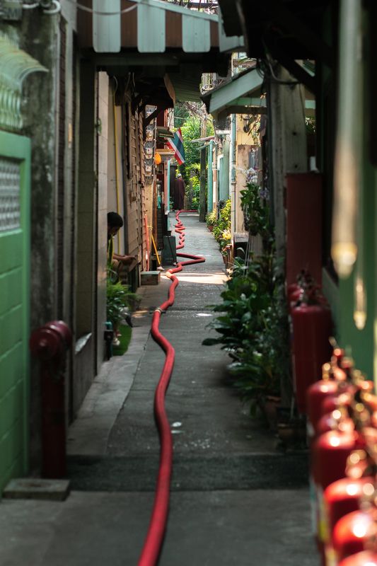 red, line, hose, thailand, bangkok, firefighter\\\'s hose, water, narrow, clean up Red hose фото превью