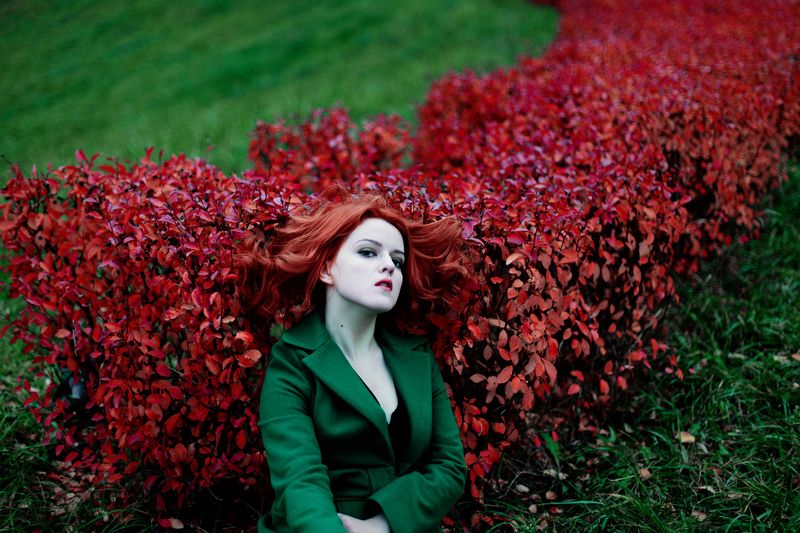 портрет, девушка, красный, осень, девушки, рыжие, лицо Аксена фото превью