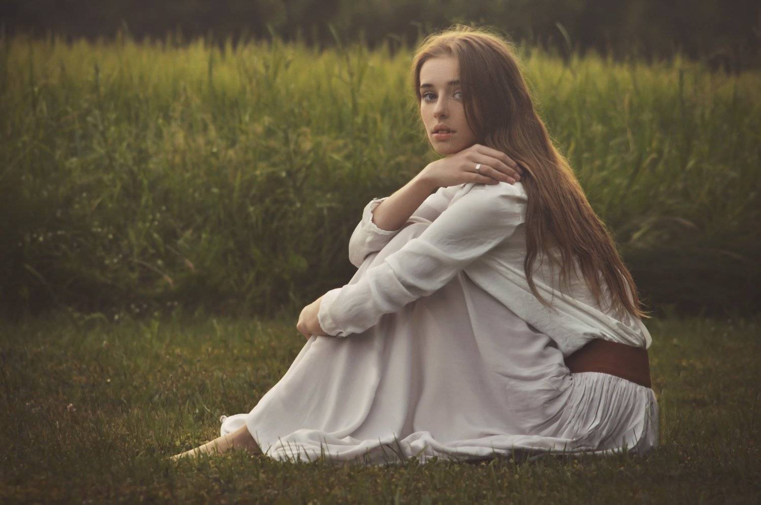 girl, long hair, white dress, nature, fineus