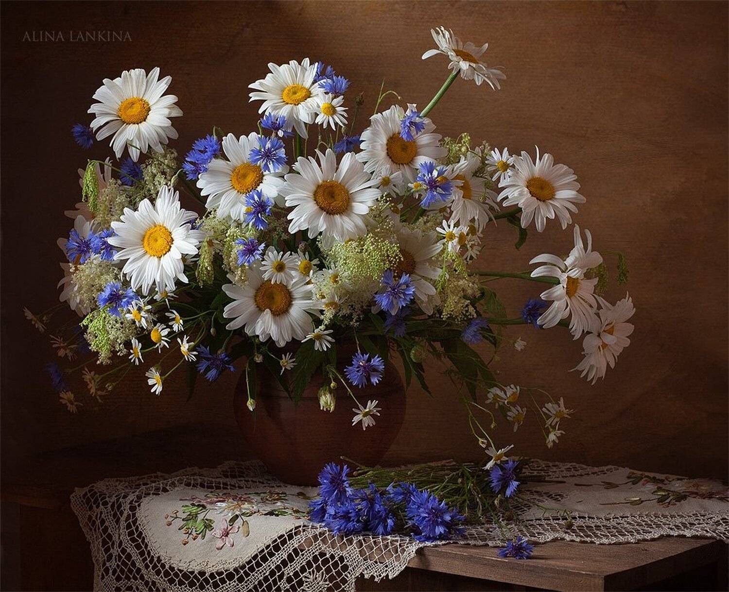 натюрморрт, фотонатюрморт, цветы, ромашки, васильки, букет, лето, салфетка, Alina Lankina