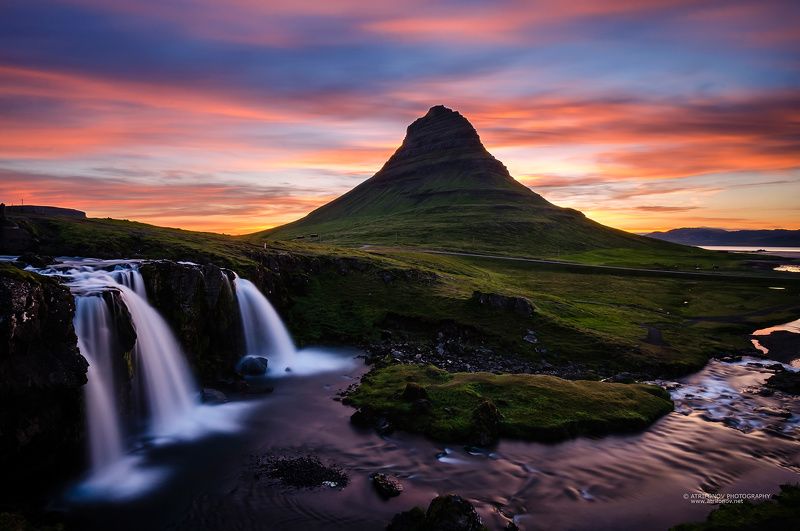 Iceland, Kirkjufell, watewrfall, midnight sun, sunset Kirkjufellsfoss фото превью