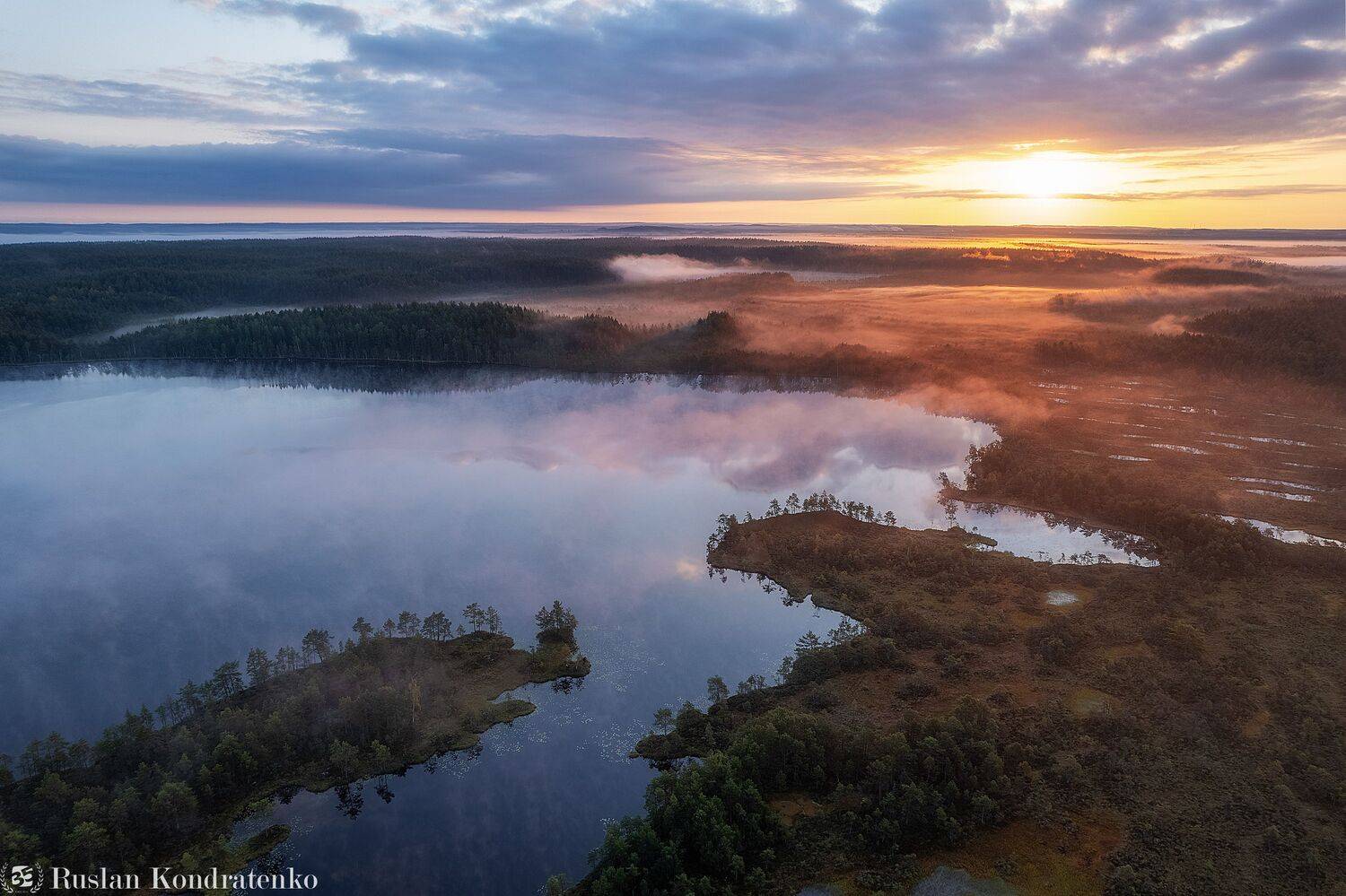 ленинградская область, озеро, рассвет, закат, рыбачье озеро, аэрофото, аэрофотография, туман, Кондратенко Руслан