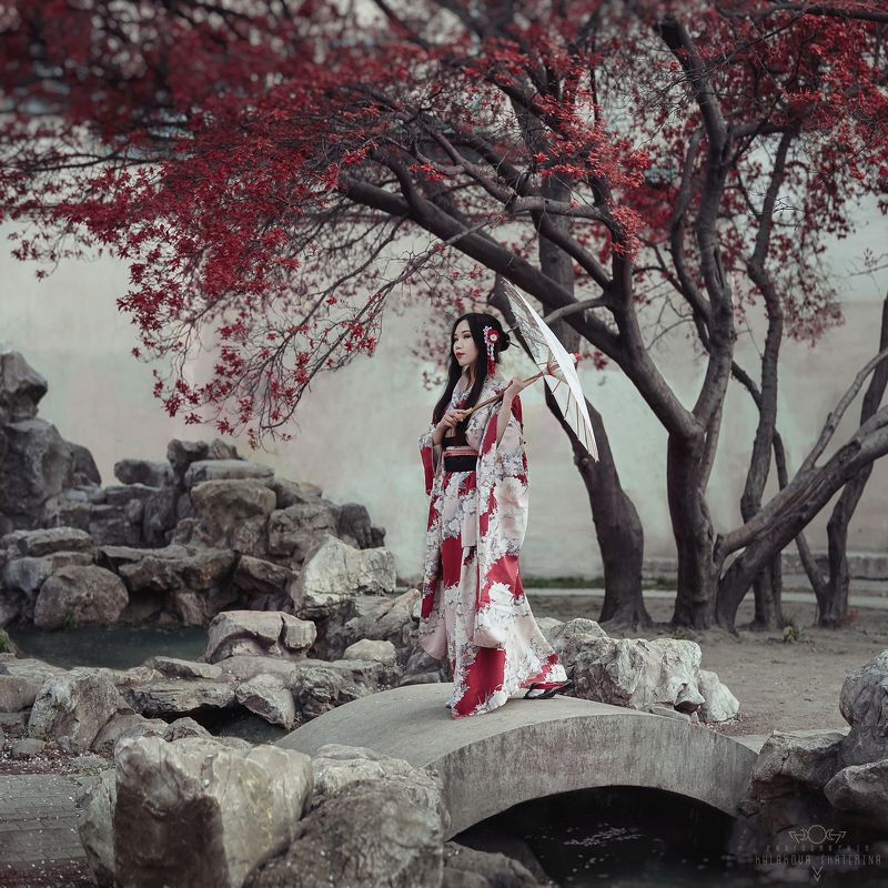 восток, япония. japan, японка, сад, кимоно Прогулка гейши фото превью