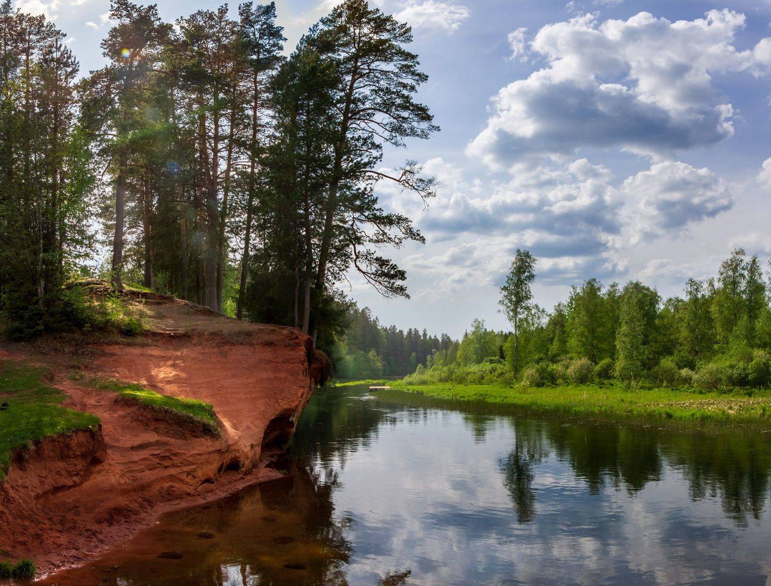 пейзаж, природа, сосны. облака, река, мостик, песок, россия, красиво, умиротворение, солнце, отражение, Игорь Парсаданов