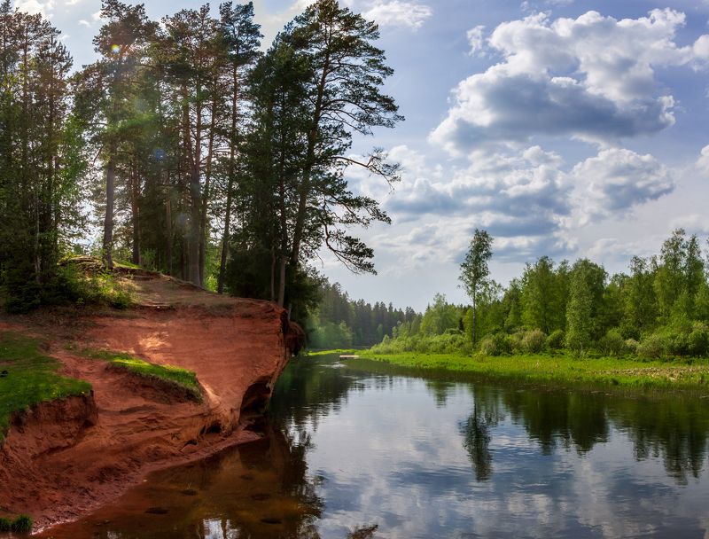 пейзаж, природа, сосны. облака, река, мостик, песок, россия, красиво, умиротворение, солнце, отражение Ленинградская область фото превью