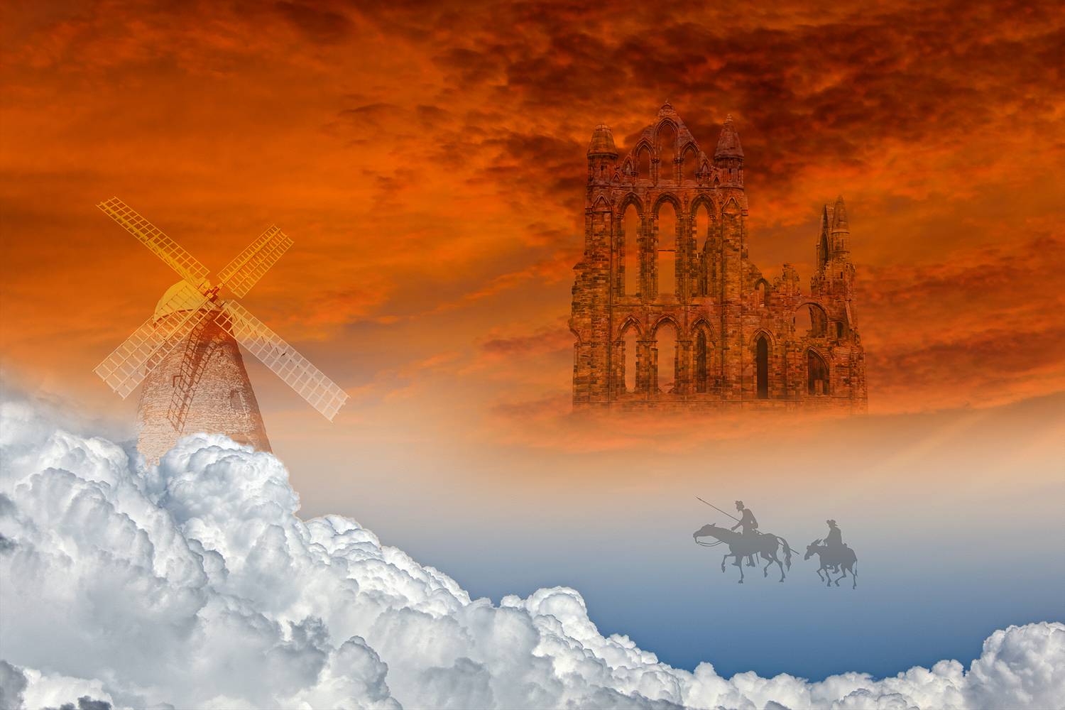 castle, cloud, clouds, collage, color, colors, concept, conceptual, digital, digital art, don quixote, editing, glory, photo collage, photography, road, sancho panza, surreal, surrealism, windmill,, Dr Didi Baev