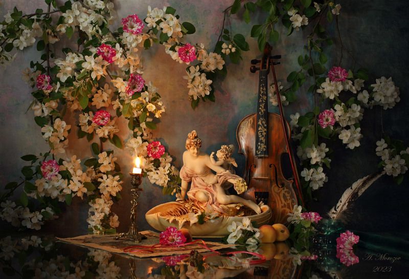 цветы, скрипка, музыка, девушка, скульптура, свеча, весна Натюрморт со скрипкой и цветами фото превью