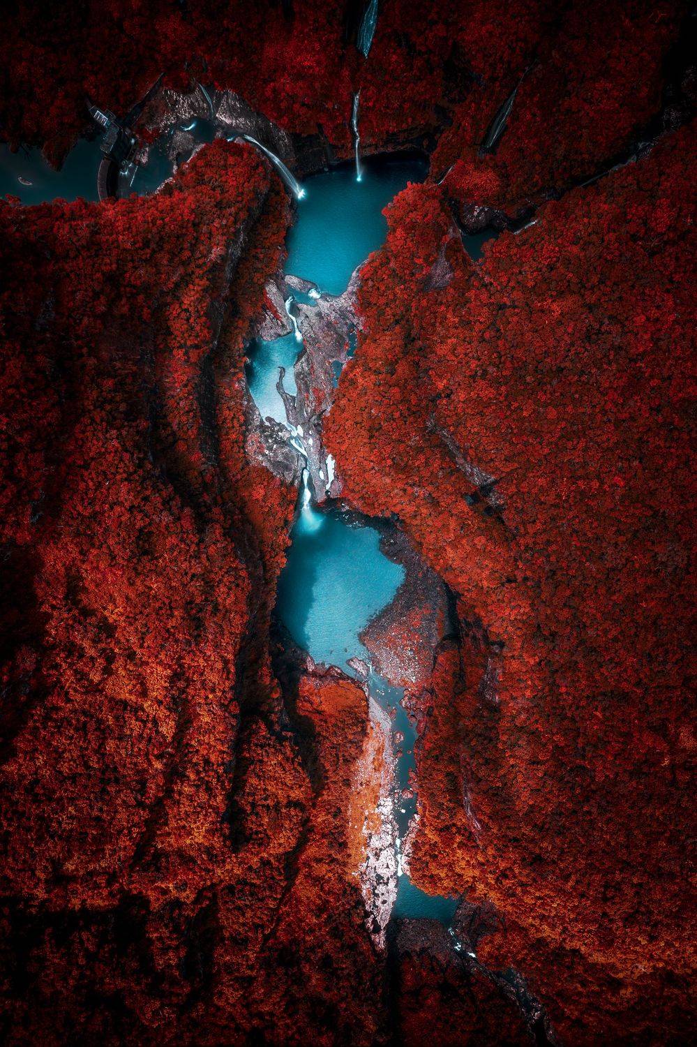 landscape aerial red blue oblivion forest waterfall, St&eacute;phane MOSER