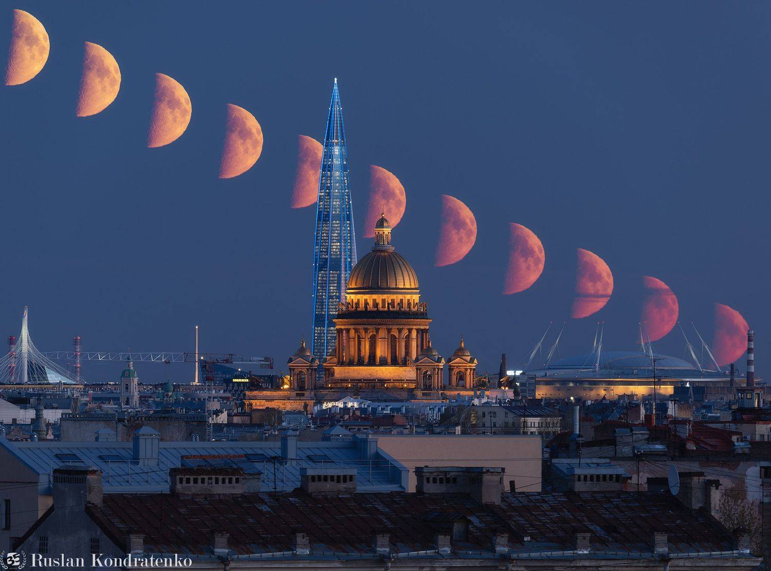 санкт-петербург, луна, полнолуние, восход луны, прострел, заход луны, секвенция, секвенция с луной, лахта, лахта-центр, исаакиевский собор, Кондратенко Руслан
