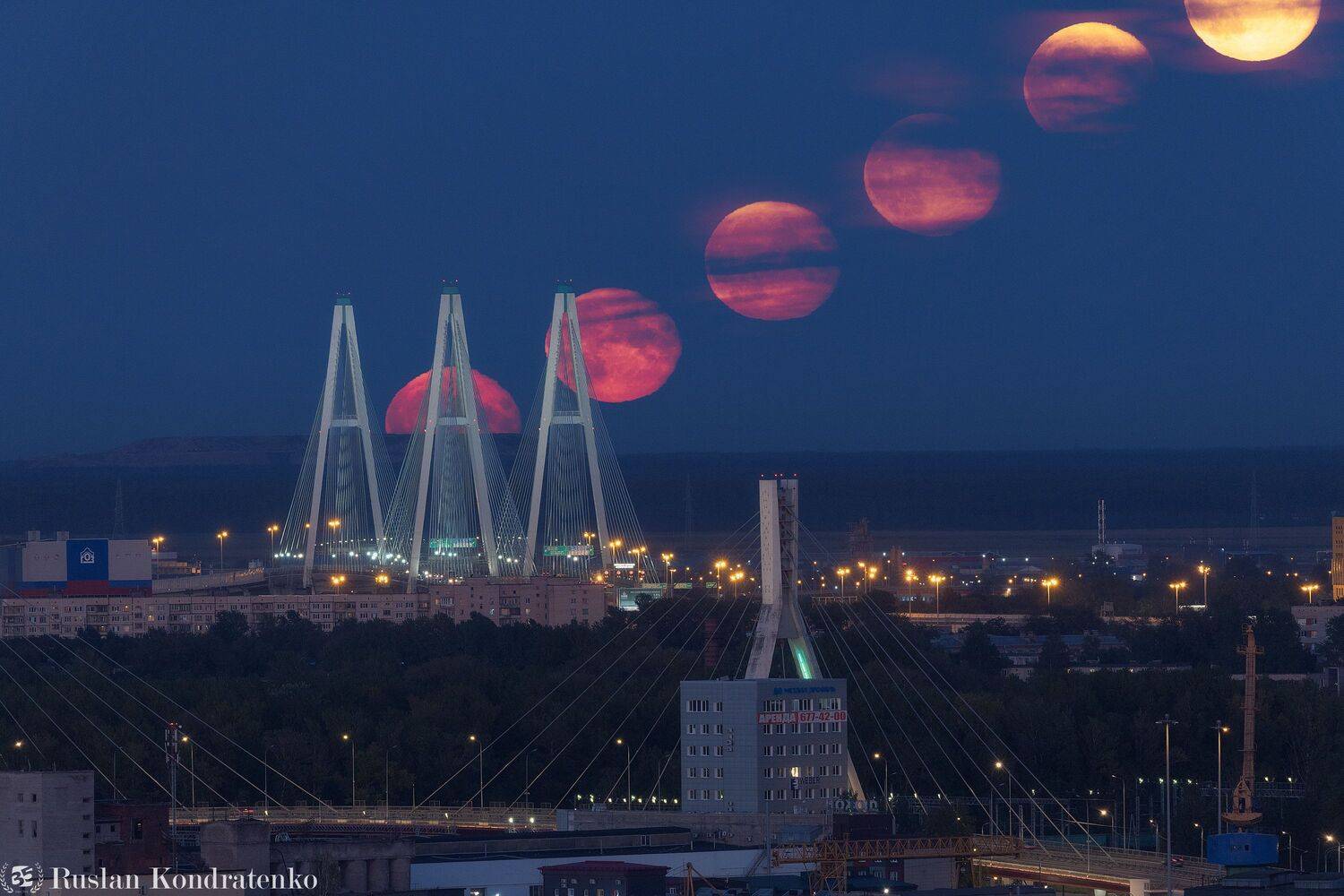 санкт-петербург, луна, полнолуние, восход луны, прострел, заход луны, секвенция, секвенция с луной, вантовый мост, большой обуховский мост, Кондратенко Руслан