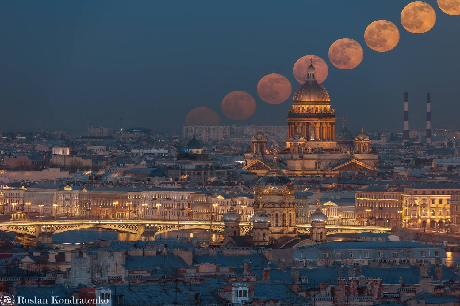 санкт-петербург, луна, полнолуние, восход луны, прострел, заход луны, секвенция, секвенция с луной, исаакиевский собор, казанский собор, невская ратуша, церковь успения пресвятой богородицы, Кондратенко Руслан