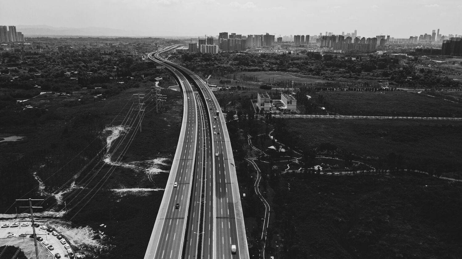 city, field, buildings, city view, remote, cars, power lines, Druz Denys