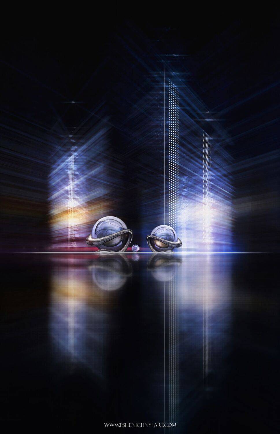 ночной город, фантастика, будущее, концепт, отражение, вертикаль, ночь, архитектура, свет, структура, сферы, Пшеничный Андрей