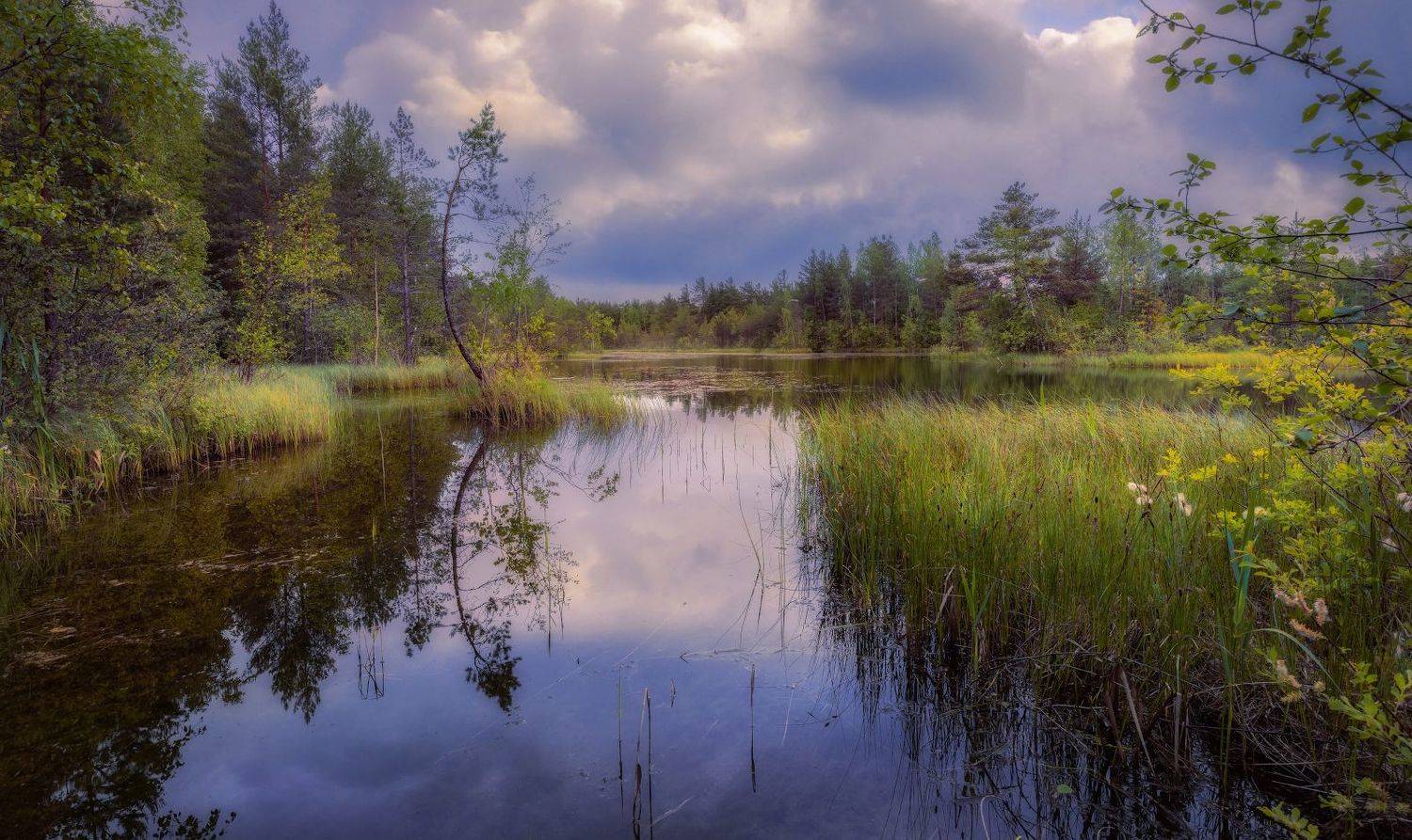 лето озеро небо вечер отражение закат, Константин Скороходов