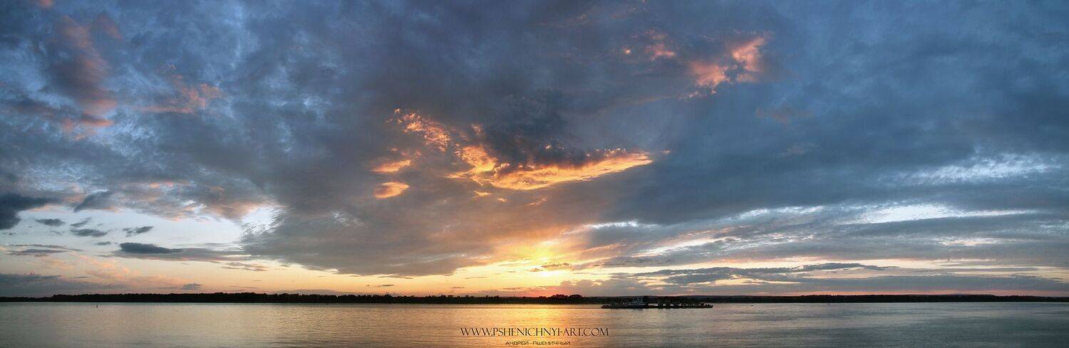 закат, небо, облака, пейзаж, река, горизонт, лето, волга, Пшеничный Андрей