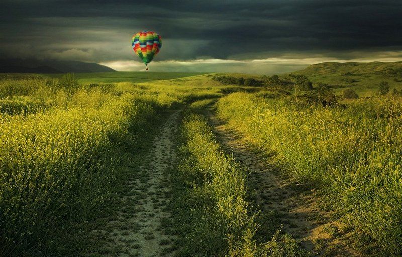 field,green,balloon,yellow,land,road,clouds,sky,storm,summer, Dream land фото превью