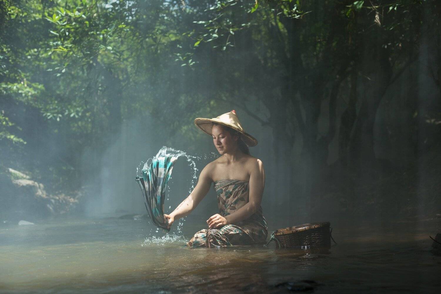 hold; girl; asian; clothing; white; fragant; housework; clothes; happiness; adult; clean; casual; people; household; female; portrait; smile; women; wash; object; basket; lifestyle; young; person; home; soiled; housekeeper; chores; laundry; beautiful; wor, SUTIPORN SOMNAM