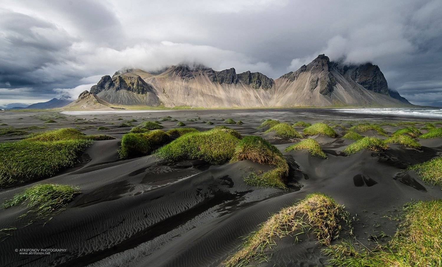 Stokksnes, Vestrahorn, Iceland, mountains, dunes, black sand, beach, ocean, Andrey Trifonov