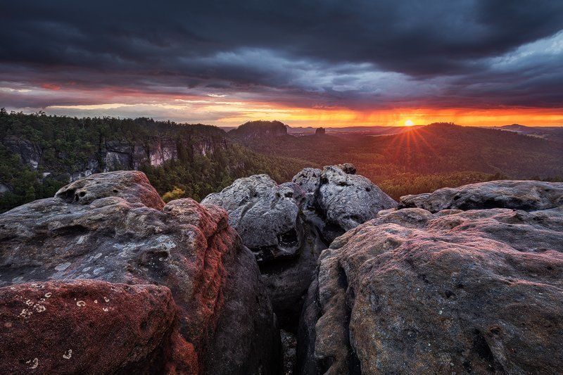 Clouds, Evening, Landscape, Light, Rocks, Saxon switzerland, Summer, Sunset Fire & Rain фото превью
