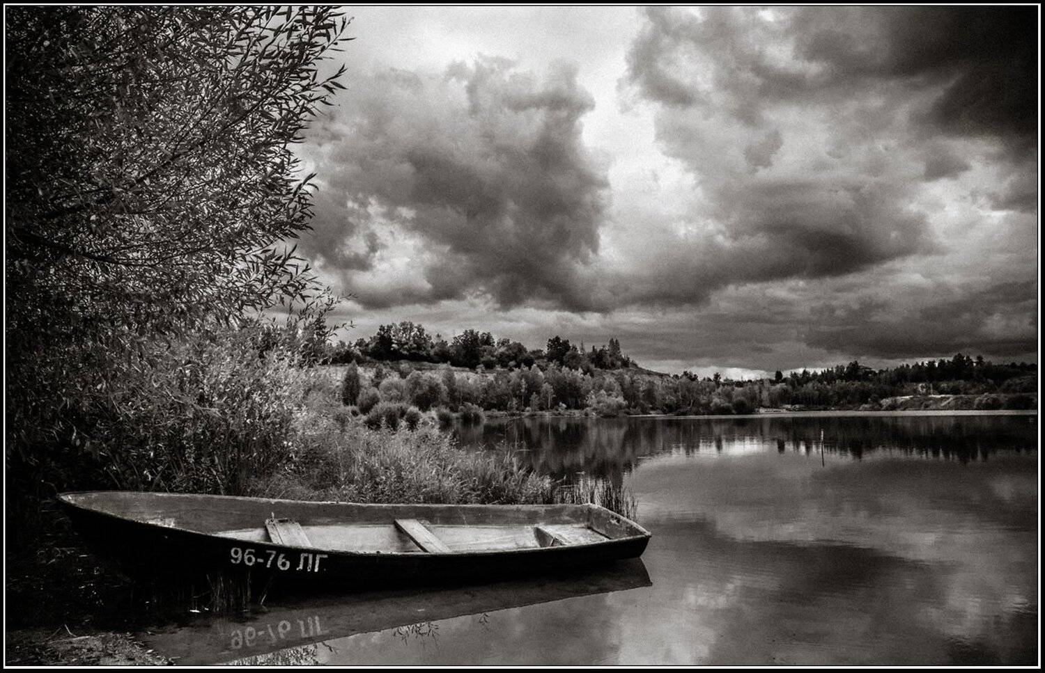 Водоем, Лето, Лодочка, Небо, Облака, Пейзаж, Анатолий Зверев