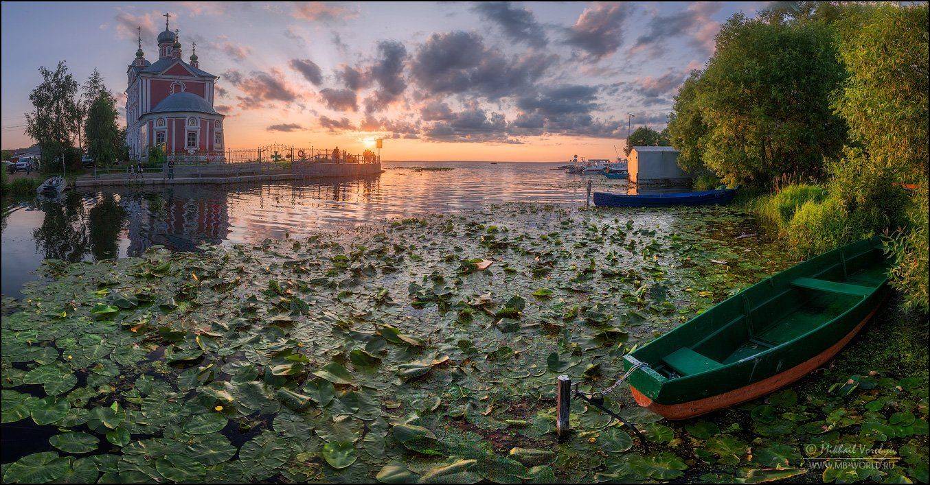 Россия, закат, церковь, вода, озеро,, Михаил