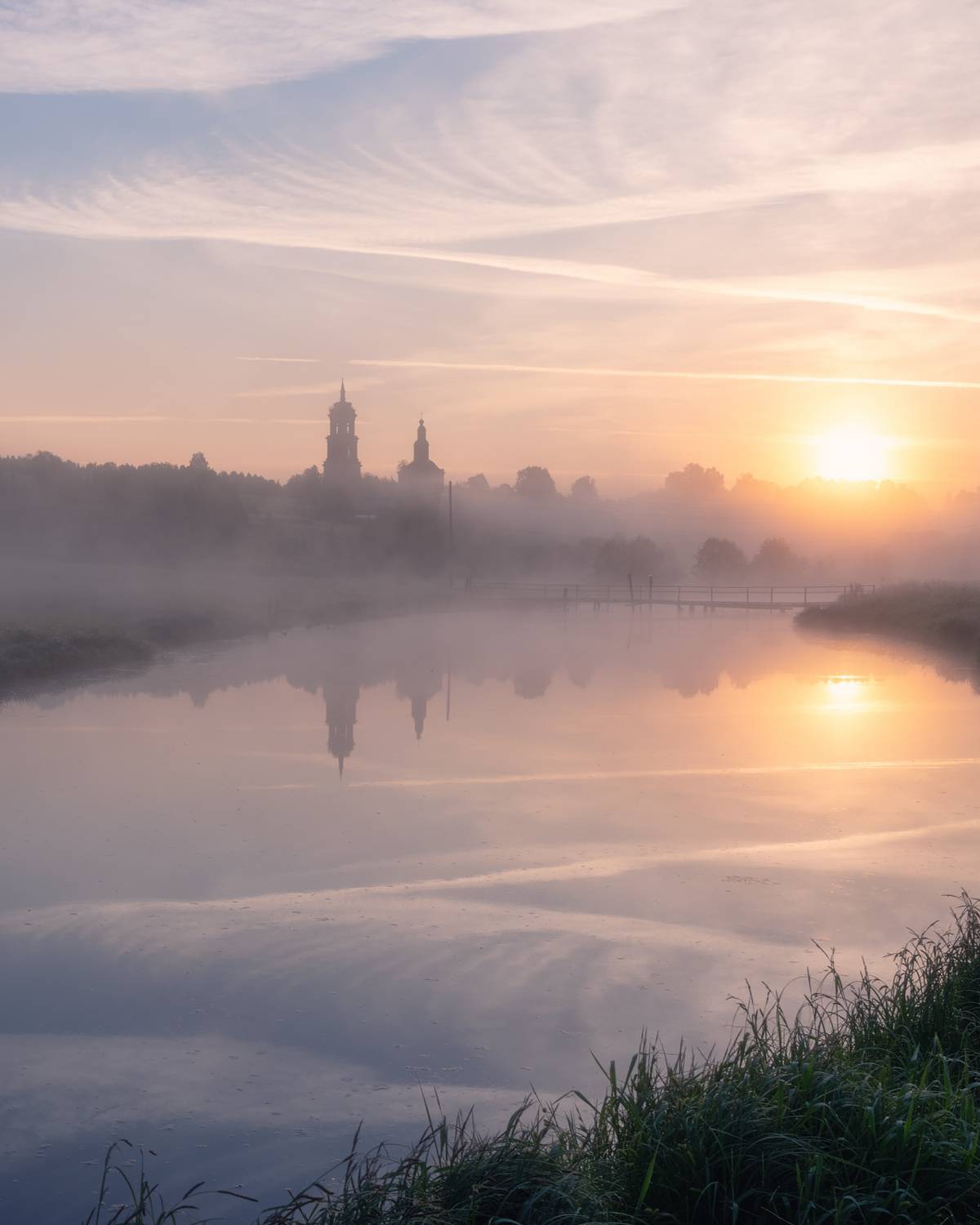 утро туман река село церковь, Архипкин Александр