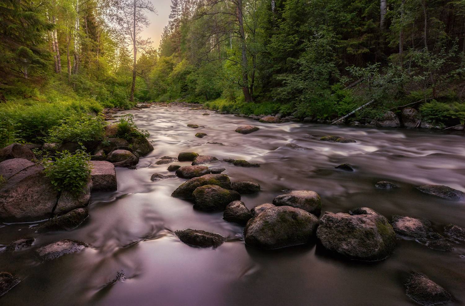 река течение закат вечер лес деревья камни, Константин Скороходов