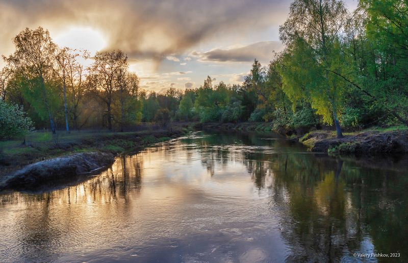 весна, разлив, большая вода, погожий вечер, лесная река, май, отражения, мещёра, рязанская область. Вешние воды фото превью