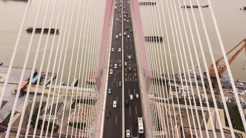 drone, bird\'s eye view, aerial, bridge, cars, cables, river, ships, crane, port,china, shanghai Where you can\'t go фото превью