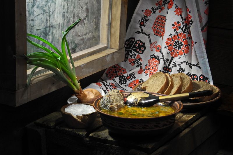 суп, еда, рыба, хлеб, лук, полотенце, Рыбный суп. фото превью