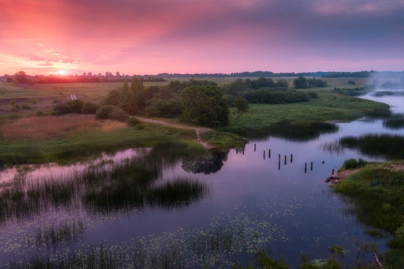 утро рассвет солнце туман река Красный рассвет фото превью
