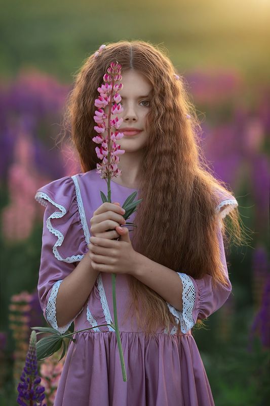 портрет девочка розовое платье люпины контровой боке  фото превью