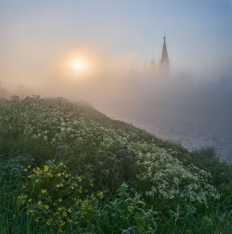 рассвет,туман,лето,утро,восход солнца,дунилово,река,храм Июньское утро в Дунилово фото превью