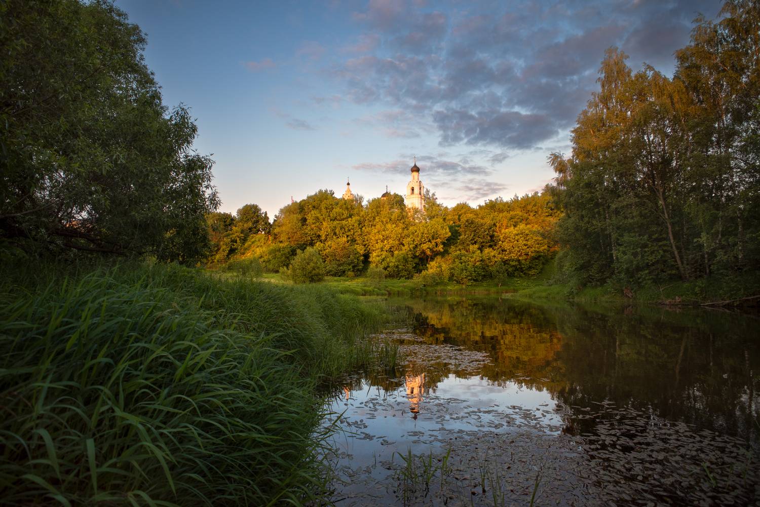 вечер, закат, колокольня, монастырь, небо, облака, отражение, река, храм, Виталий Полуэктов