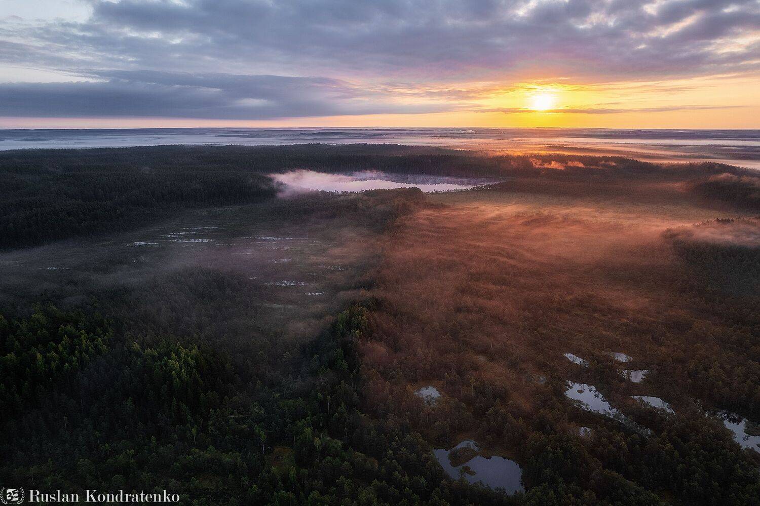 ленинградская область, озеро, рассвет, закат, рыбачье озеро, аэрофото, аэрофотография, туман, Кондратенко Руслан