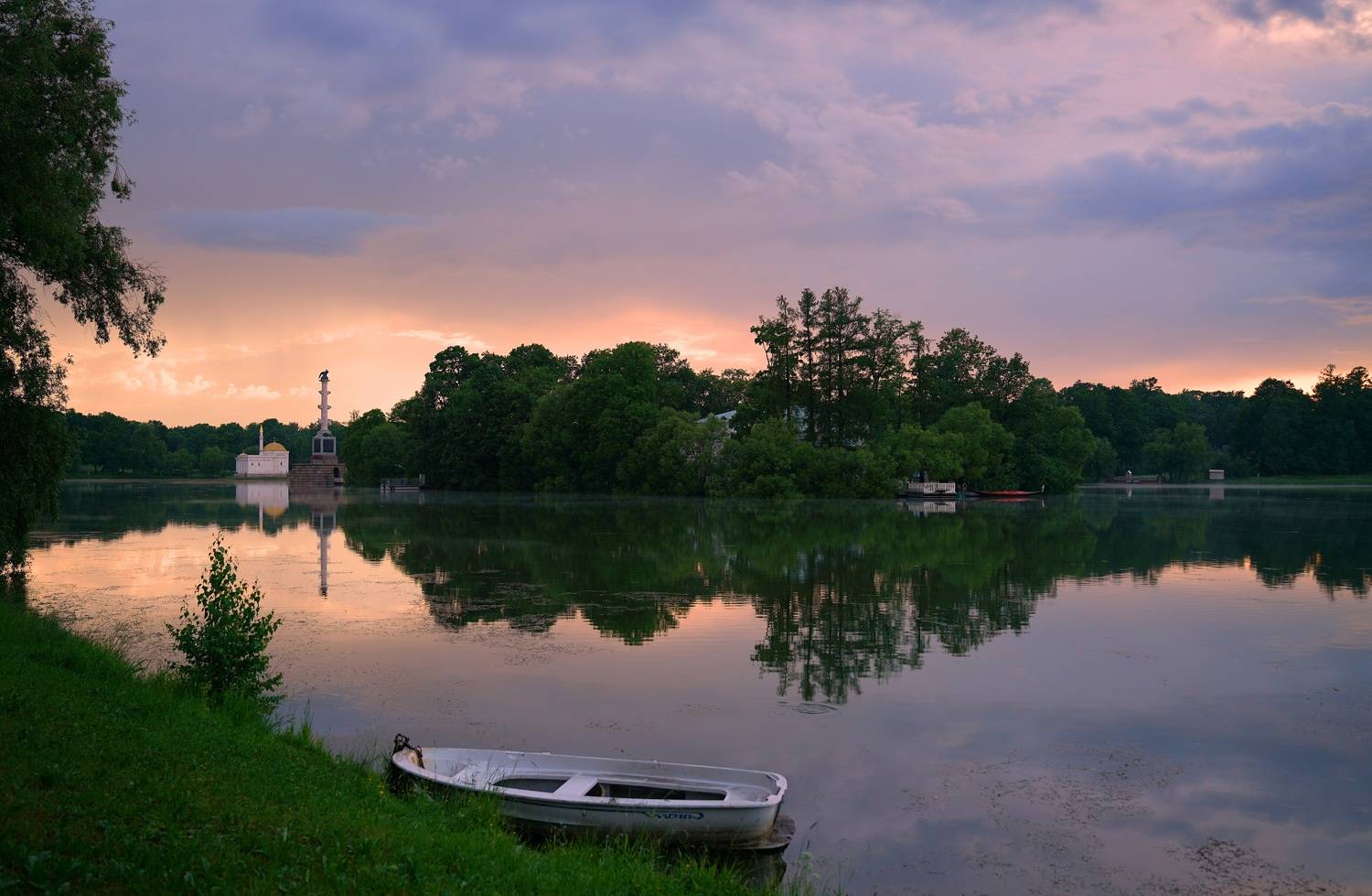 evening, sunset, sky, pond, park, lake, landscape, nature, reflection, boat,  Сергей Андреевич