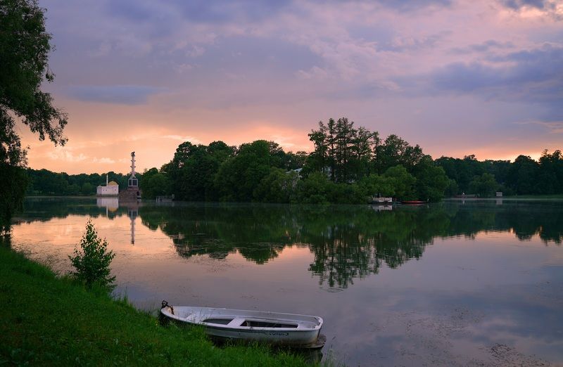 evening, sunset, sky, pond, park, lake, landscape, nature, reflection, boat After the rain фото превью