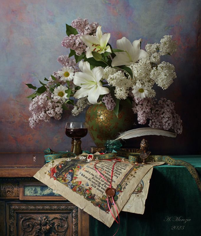 цветы, сирень, лилия, ваза, букет Натюрморт с цветами фото превью