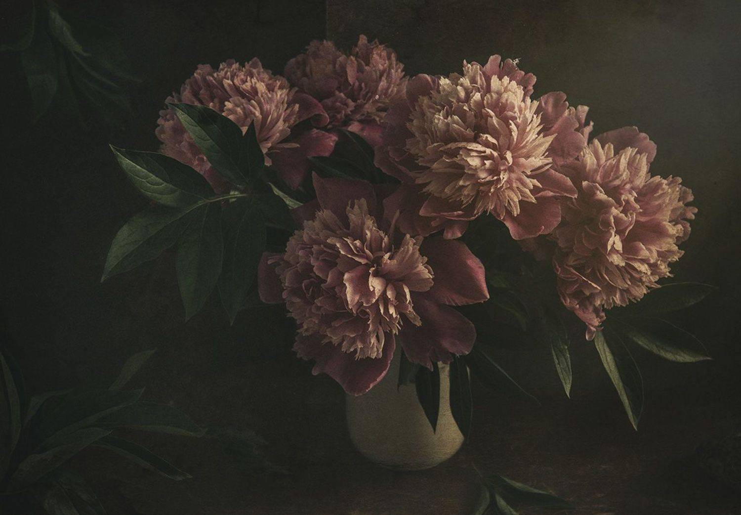 пионы, букет, ваза, цветы, розовые, большие, листья, ретро, Игорь Токарев