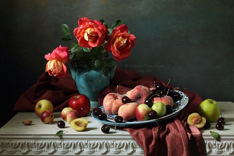 натюрморт, цветы, букет, розы, персики, фрукты, черешня Цветы и плоды. Июль фото превью
